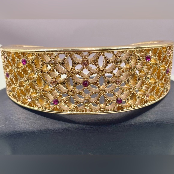 Gold Tone Pink and Clear Crystal Studded Floral Pattern Cuff Bracelet - Picture 1 of 9